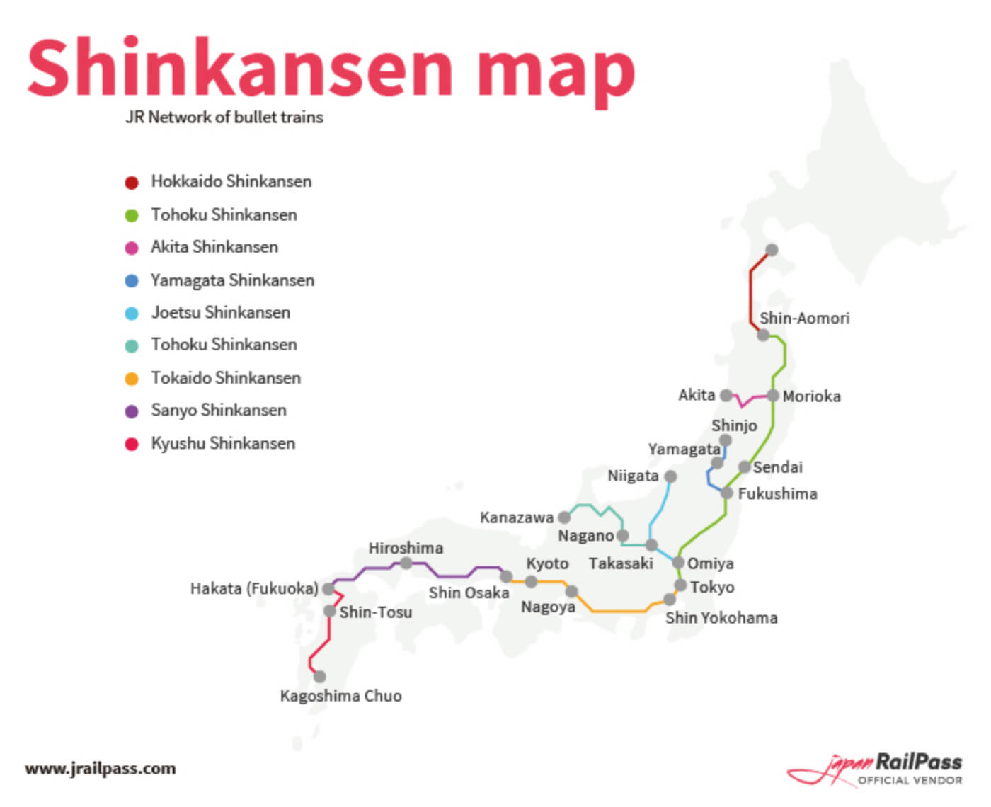 Karta över alla tåglinjer i Japan där man kan åka snabbtåget Shinkansen.