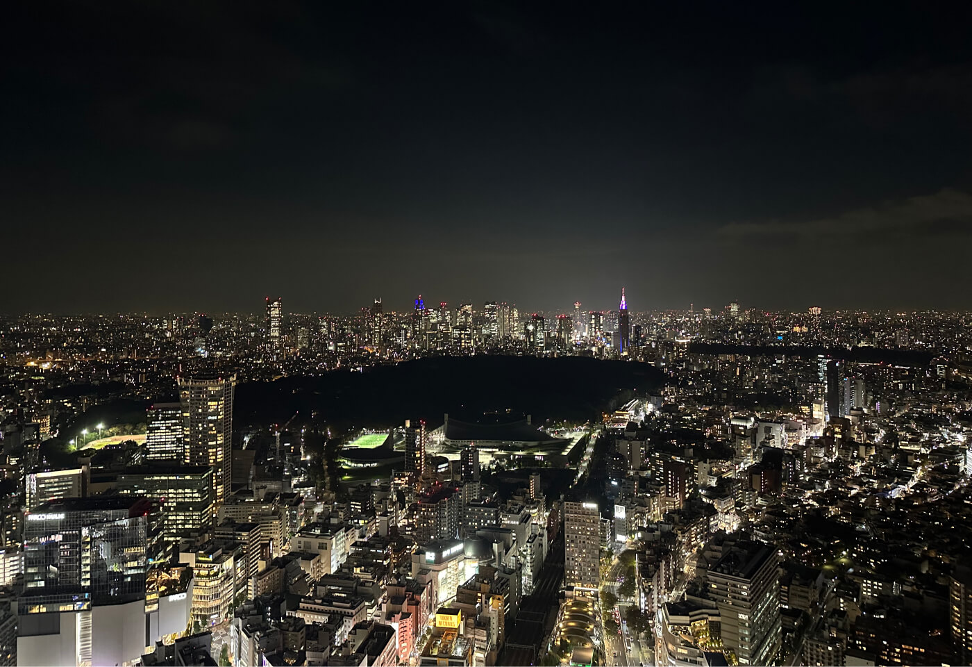 Utsikt över Tokyo på kvällstid. I mitten av bilden ser man en mörk och stor trädgård.