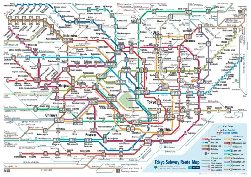 Karta på alla tunnelbanestationer i Tokyo