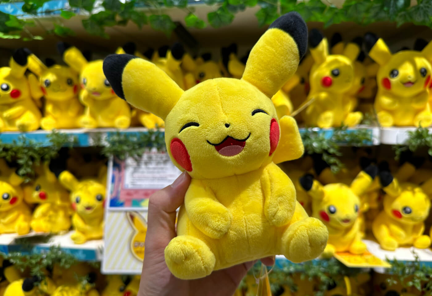 I förgrunden en hand som håller i ett leende Pikachu-kramdjur. I bakgrunden flera hyllor fyllda med liknande kramdjur.